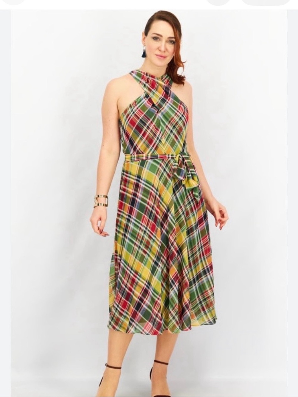 Polo by Ralph Lauren Multicolor Plaid Halter Midi Georgette Dress Size 2 Preppy
